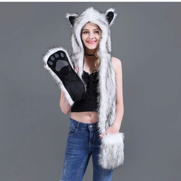 Faux Fur Hat Hood Scarf Full Pockets Ear Flat Cap Hoodie Winter Party Costume